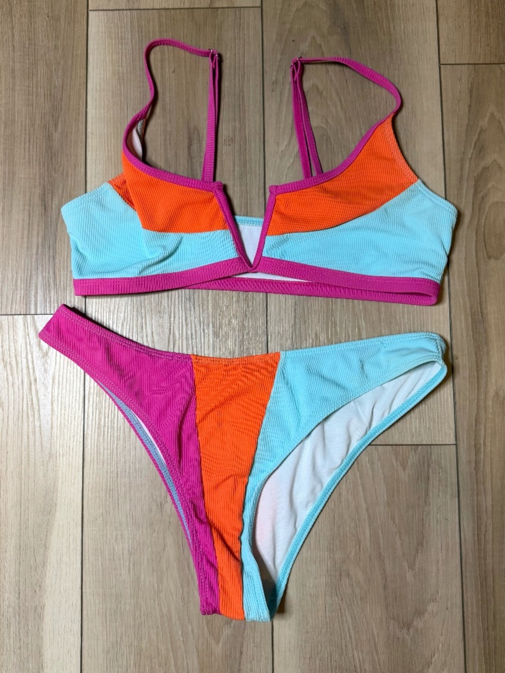 Colorblock Bikini Set Pink Orange Blue Ribbed Size Medium